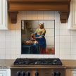 Tile mural with milkmaid pouring milk, bread and classic kitchen setting - Vermeer painting